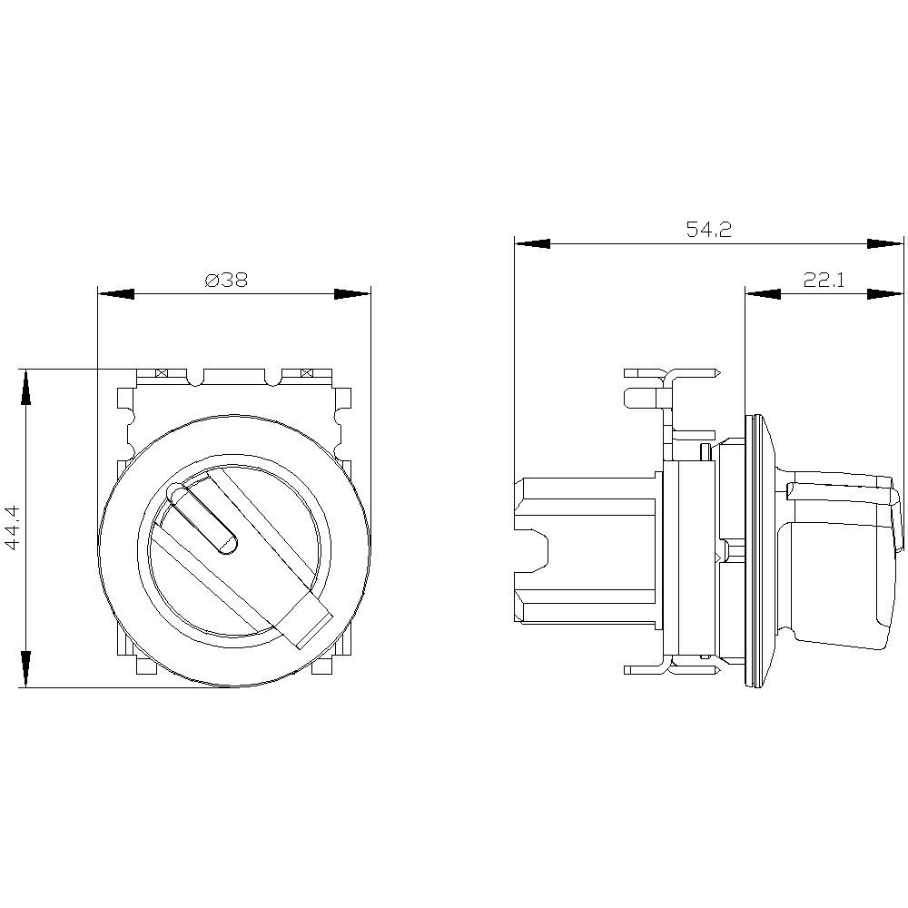 Technische Zeichnung eines Drehschalters mit Abmessungen: Schalterdurchmesser 38 mm, Breite 54,2 mm, Höhe 44,4 mm.