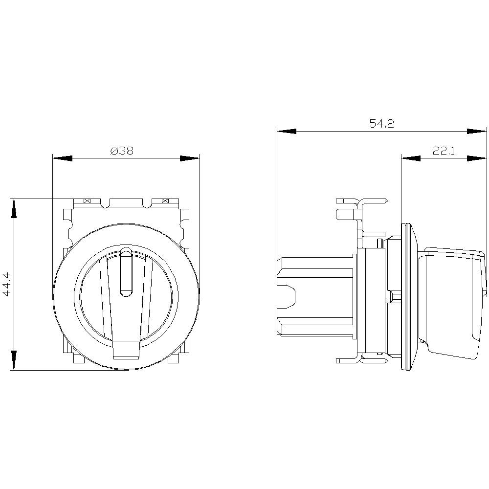 Technische Zeichnung eines mechanischen Schalters mit Maßen: Breite 38 mm, Höhe 44,4 mm, Tiefe 54,2 mm. Seiten- und Frontalansicht.