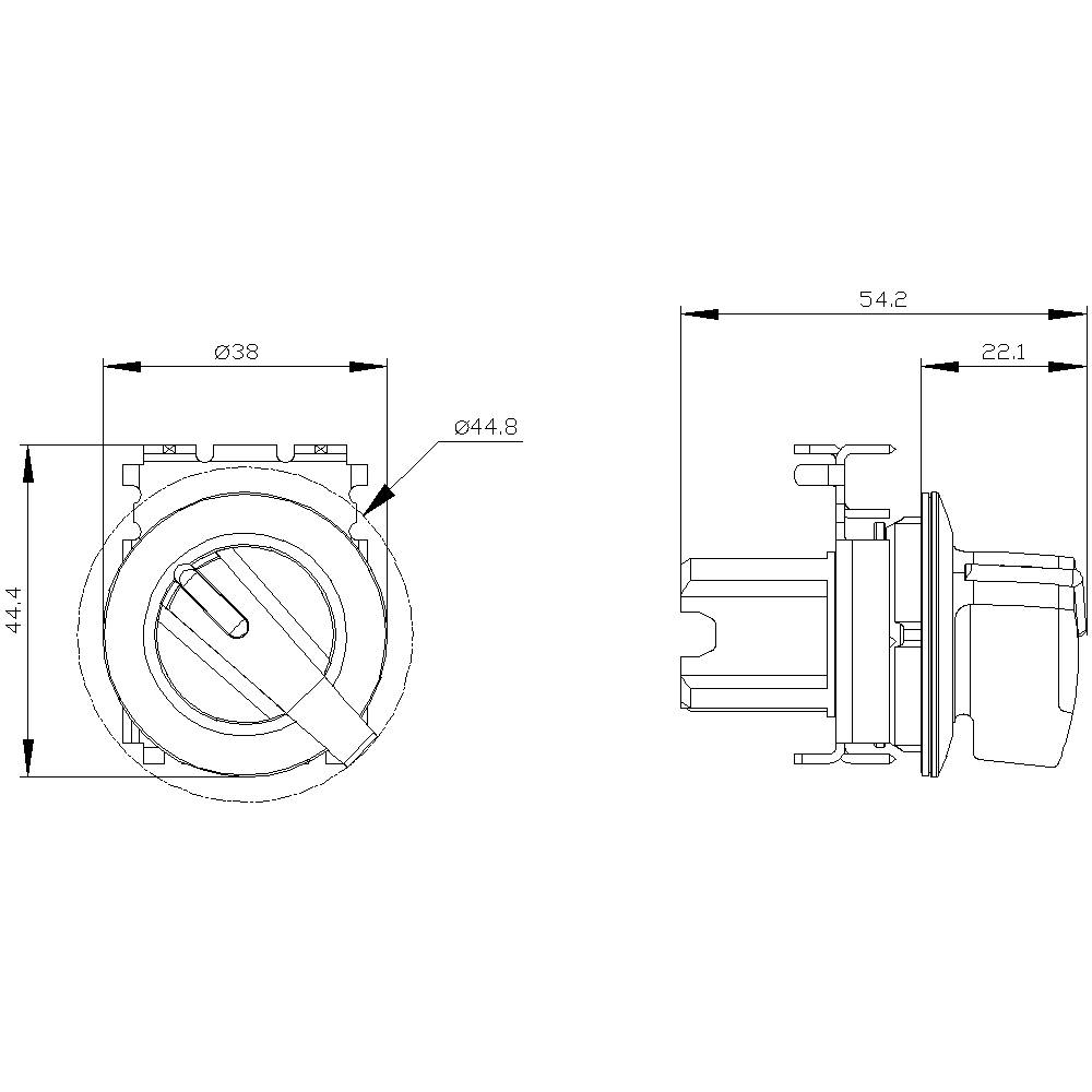 Technische Zeichnung eines runden Schalters mit Maßen: Durchmesser 38 mm, 44,8 mm, Höhe 44,4 mm. Seite: Breite 54,2 mm.