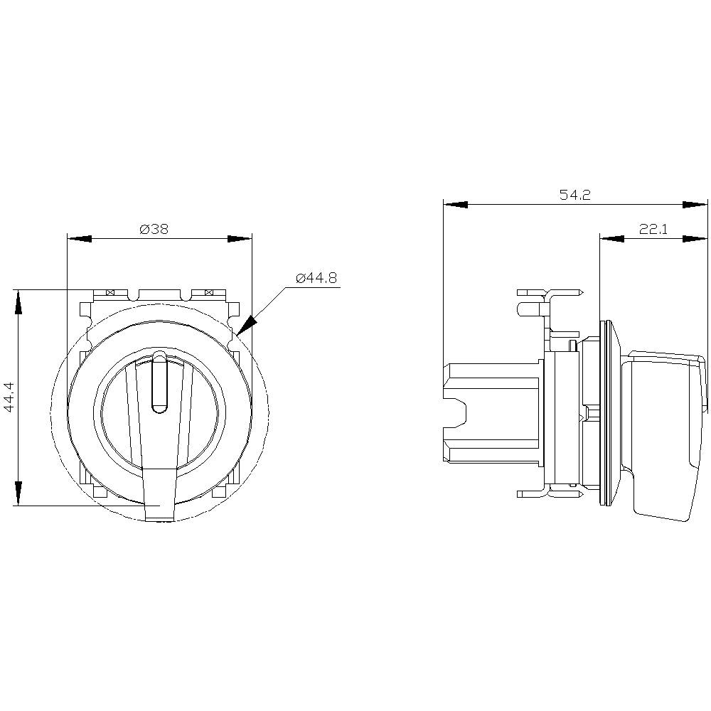 Technische Zeichnung eines Drehknopfes mit Maßangaben: 44,8 mm Durchmesser, 44,4 mm Höhe. Seitenansicht zeigt 54,2 mm Tiefe.