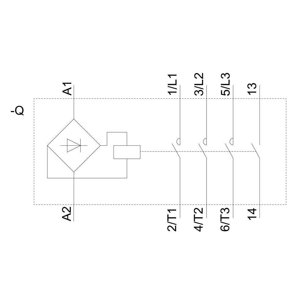 Schaltplan eines elektrischen Geräts mit mehreren Klemmen und einem Diodensymbol neben A1, A2, 1/L1, 3/L2, 5/L3, 2/T1, 4/T2, 6/T3, 13 und 14.