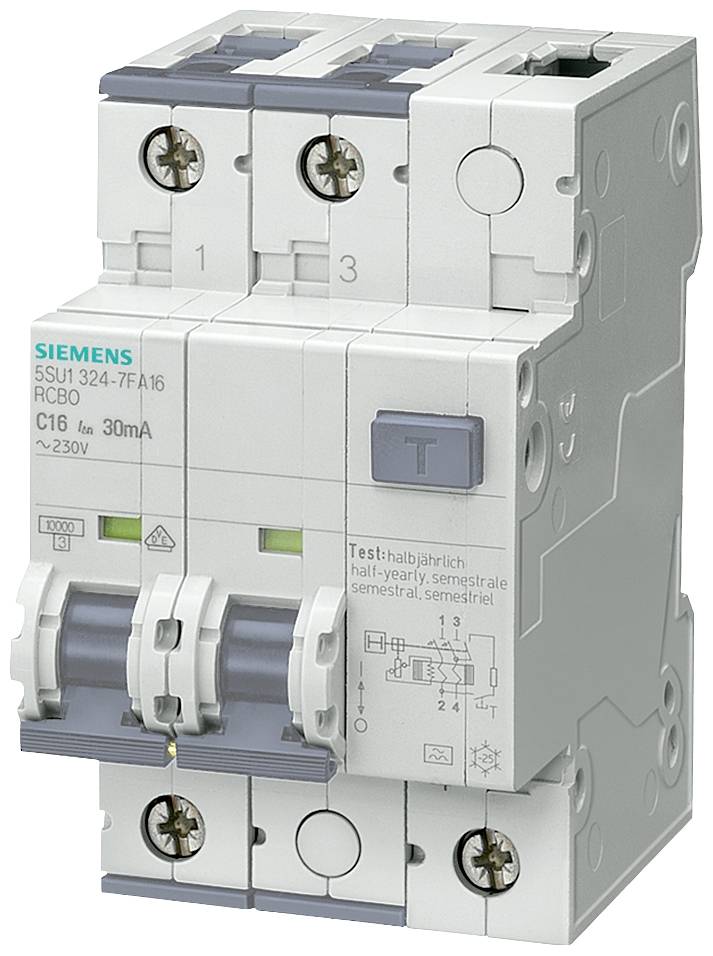 Ein grauer RCBO-Schutzschalter mit zwei Schaltknöpfen, markiert mit 'Siemens'. Beschriftungen zeigen Stromstärke 16A und Spannung 230V.