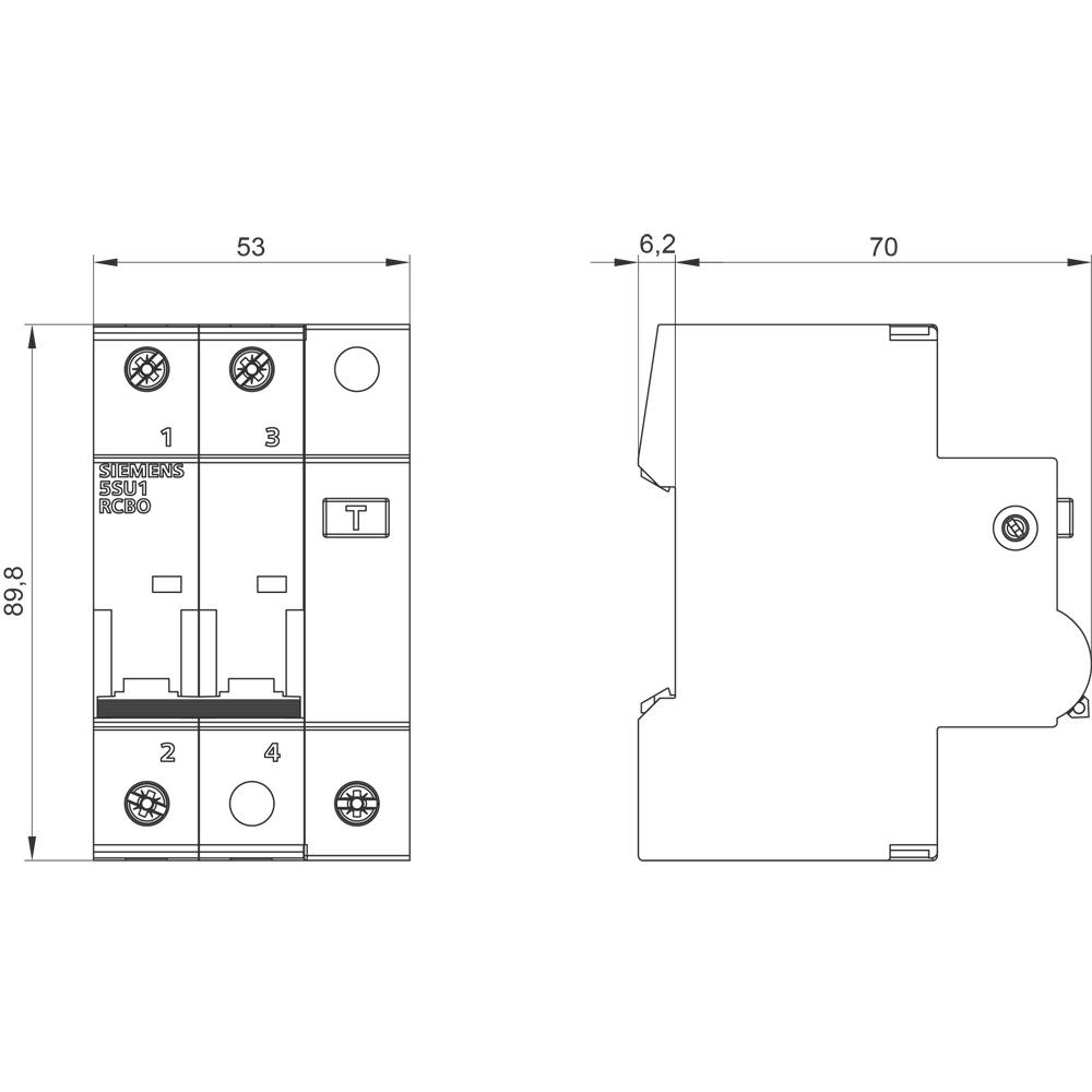 Technische Zeichnung eines elektrischen Schaltgeräts mit Abmessungen: 53 x 89,8 mm vorderseitig, 70 x 6,2 mm seitlich.