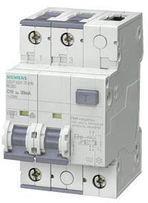 Abbildung eines zweipoligen Siemens Schutzschalters mit technischen Spezifikationen auf der Vorderseite.