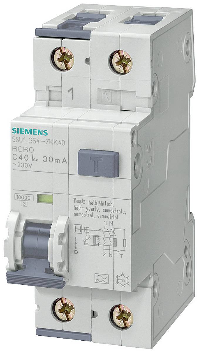 Ein Siemens FI-Schutzschalter mit einer Nennstromstärke von 40 A und einem Auslösestrom von 30 mA, geeignet für 230V.