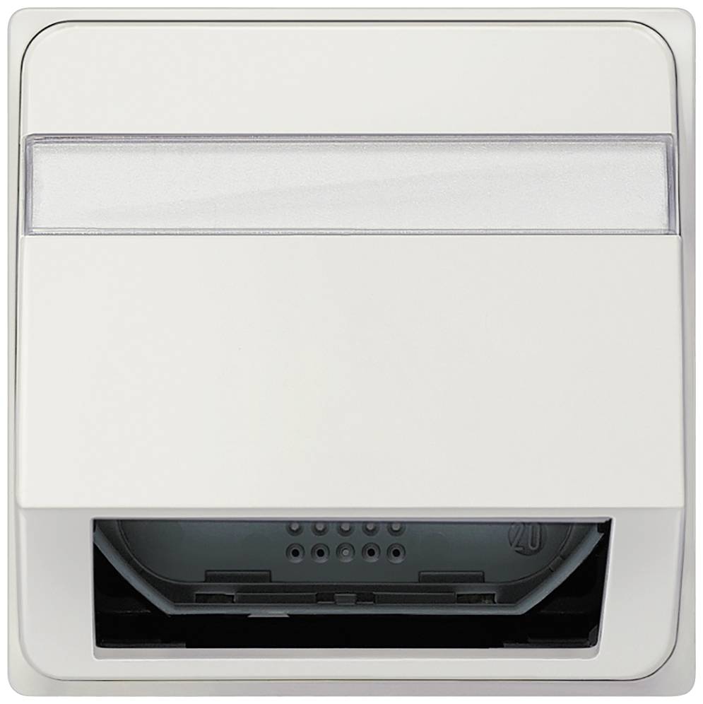 Ein weißer Lichtschalter mit rechteckigem Design und einer transparenten Abdeckung oben. Der untere Teil hat eine leere Aussparung.