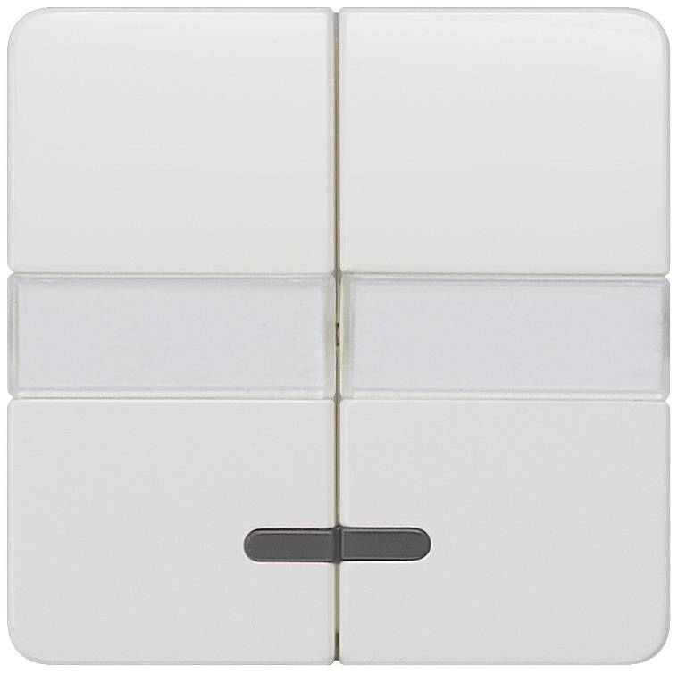 Ein quadratisches, weißes Druckschalter-Panel mit vier Tasten und einem horizontalen, transparenten Streifen in der Mitte.