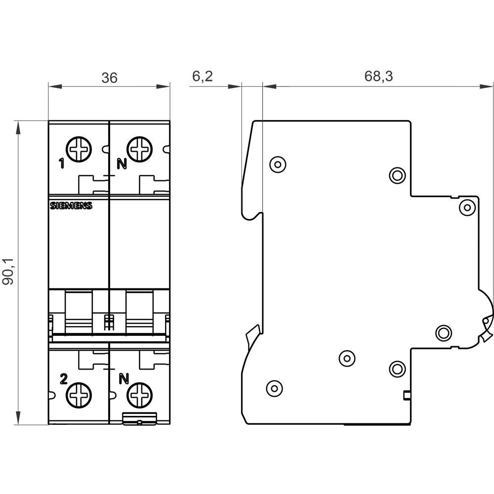 Technische Zeichnung eines elektrischen Schalters, zeigt Abmessungen: Höhe 90,1 mm, Breite 36 mm, Tiefe 68,3 mm.