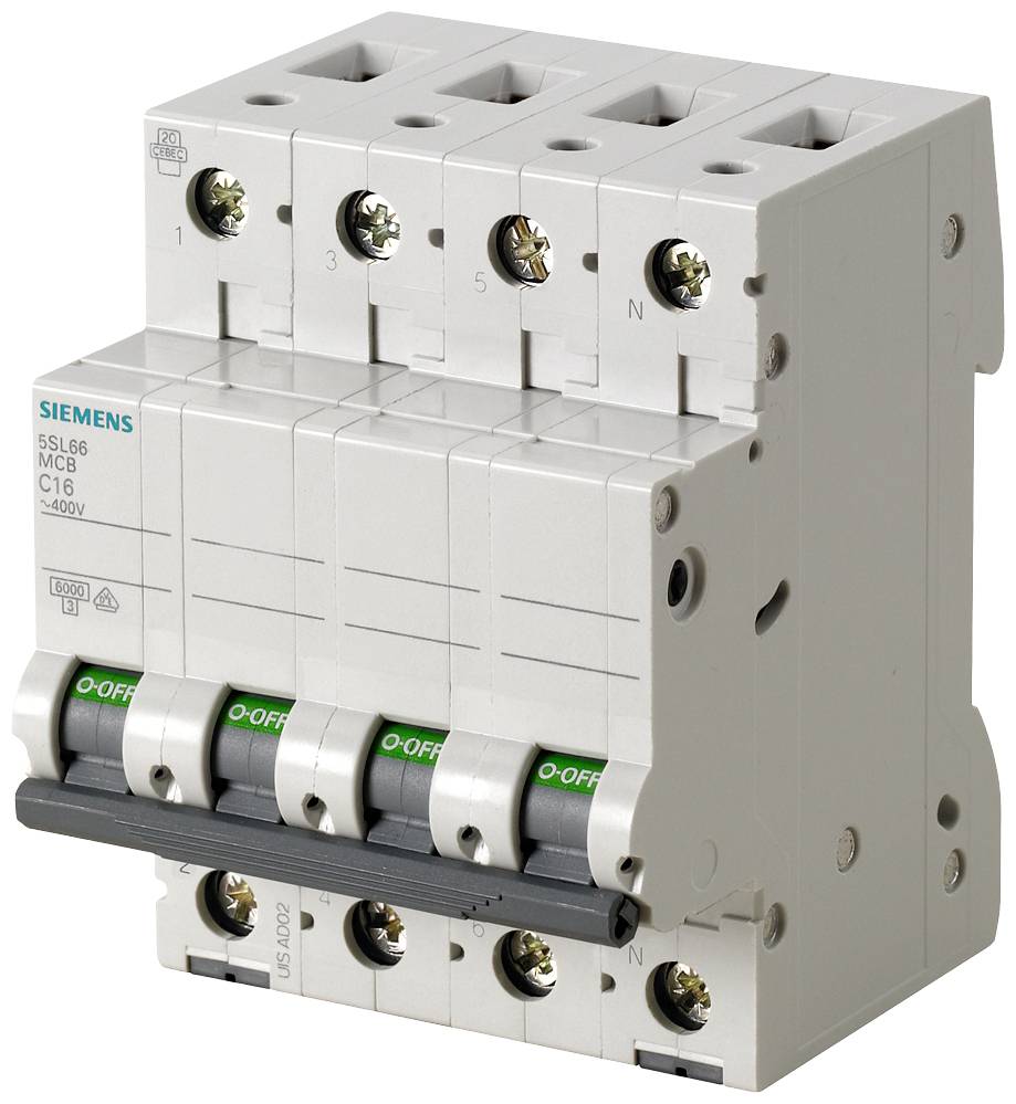 Leistungsschutzschalter mit drei Schaltkreisen von Siemens, Modell C16, zur Steuerung von elektrischen Stromflüssen bei 400V.