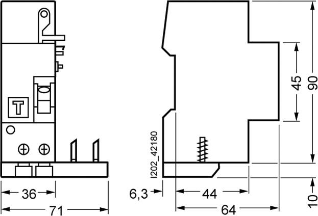 Technische Zeichnung eines Relais mit Maßen: Breite 71 mm, Höhe 90 mm, Tiefe 64 mm. Details von Anschlüssen und Abständen angegeben.