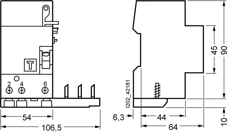 Technische Zeichnung eines elektrischen Bauteils mit Maßen und Anschlussdetails. Gezeigt sind Vorder- und Seitenansicht mit Beschriftungen.