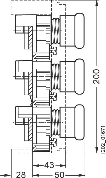 Technische Zeichnung von dreifachem Tastermodul mit Abmessungen: Breite 28 mm, Tiefe 50 mm, Höhe 200 mm. Seitenansicht mit Schaltkontakt.