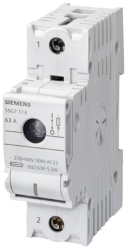 Ein Siemens-Leistungsschalter, Modell 5SG7 113, 63 A, geeignet für 230/400V, 50Hz Anwendungen, mit Schraubverbindungen oben und unten.