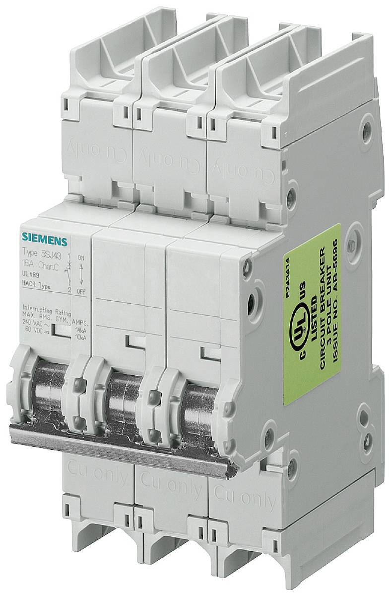 Ein grauer Siemens-Leistungsschalter mit vier Kippschaltern, UL-gelistet. Hauptsächlich verwendet zur Unterbrechung elektrischer Stromkreise.