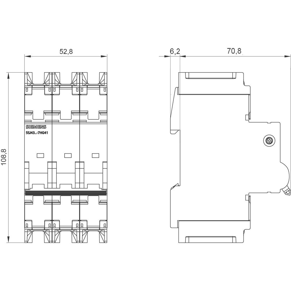 Technische Zeichnung eines elektrischen Bauteils mit Abmessungen: Höhe 108,8 mm, Breite 52,8 mm und Tiefe 70,8 mm.