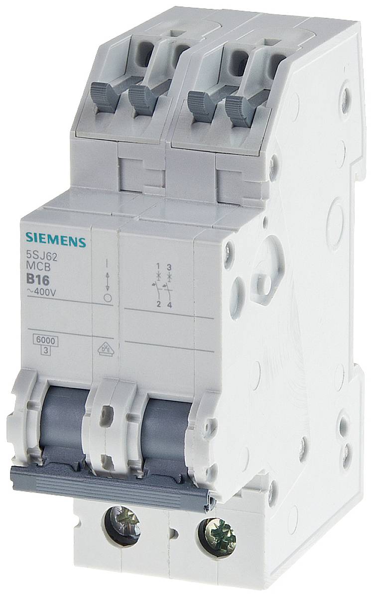 'Siemens 5SJ62' Zweipoliger Sicherungsautomat, beschriftet mit 'MCB B16', unterstützt bis zu 400V und 6000A.