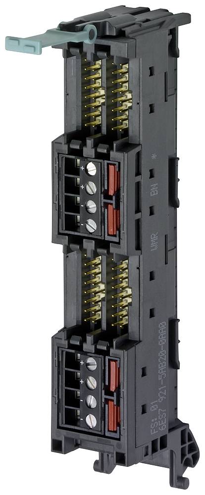 Ein schwarzes elektrisches Steuermodul mit goldenen Kontakten und roten Elementen, zeigt Anschlüsse und technische Details.