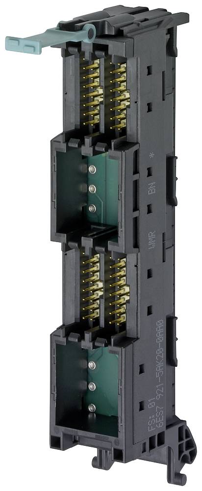 Ein elektronisches Steckmodul mit zwei übereinander angeordneten Steckplätzen und goldfarbenen Kontakten, geeignet für Industrieanwendungen.