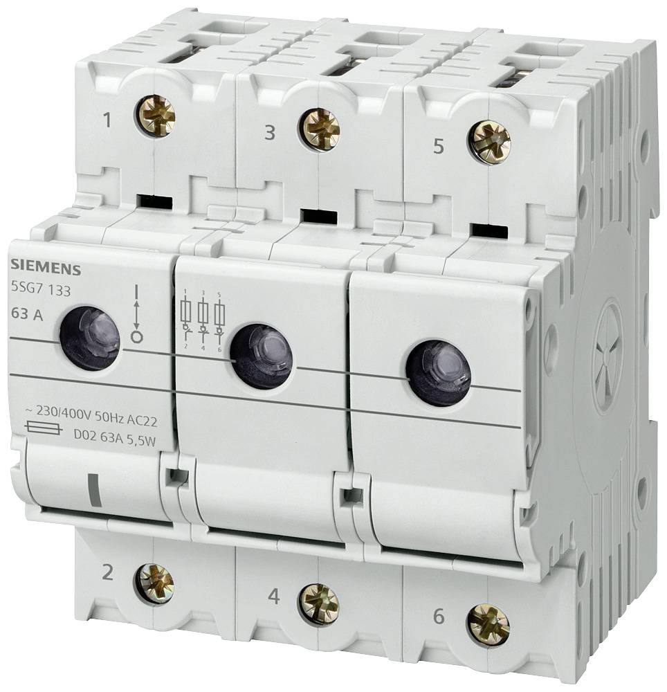 Ein dreipoliger Leitungsschutzschalter von Siemens für 63 A, geeignet für 230/400V AC-Netze.