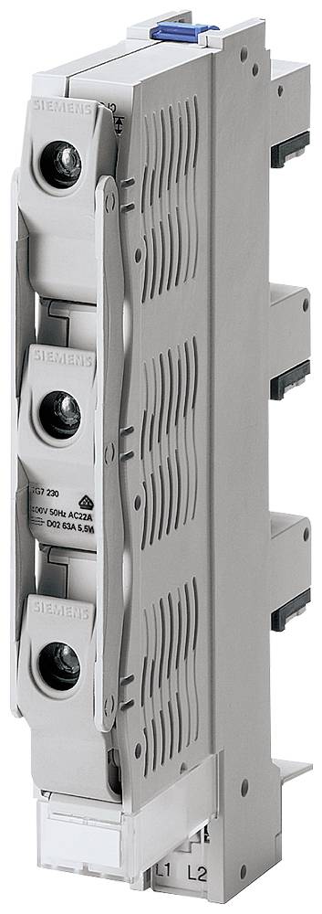 Elektrischer Sicherungsschalter in grauem Gehäuse mit drei runden Sicherungselementen, beschriftet mit 'Siemens'. Geeignet für DIN-Schienenmontage.