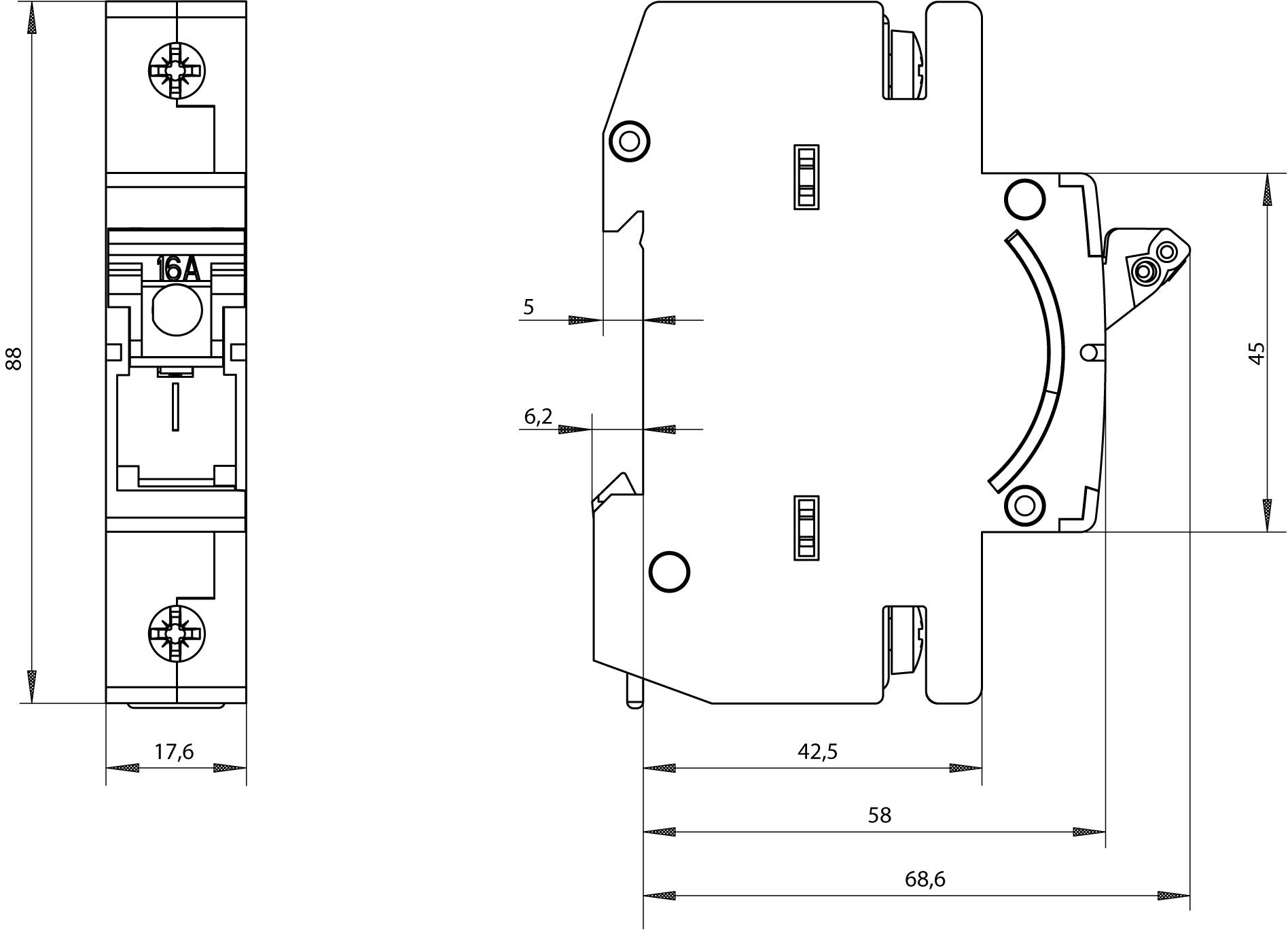 Technische Zeichnung eines 16A Sicherungsautomaten. Zeigt Abmessungen: Höhe 88 mm, Breite 17,6 mm, Tiefe 68,6 mm. Detaillierte Ansichten von vorne und der Seite.