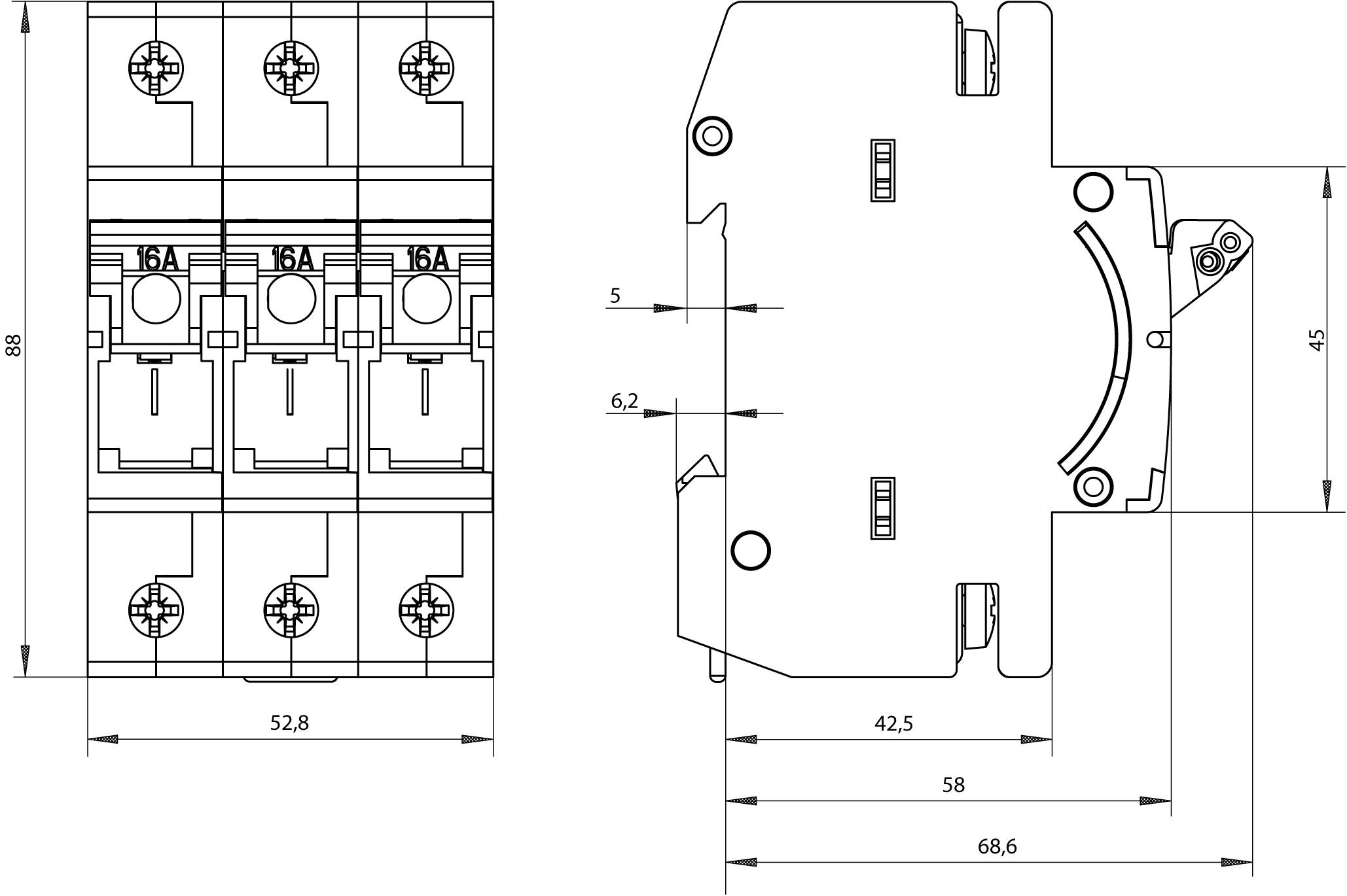 Diagramm eines elektrischen Leistungsschalters mit Seiten- und Vorderansicht. Abmessungen sind auf 88 x 68,6 mm spezifiziert.