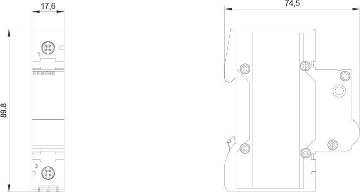 Technische Zeichnung eines rechteckigen Objekts mit Abmessungen: 89,8 mm hoch, 74,5 mm breit, 17,6 mm tief. Schaubilder von oben und seitlich.