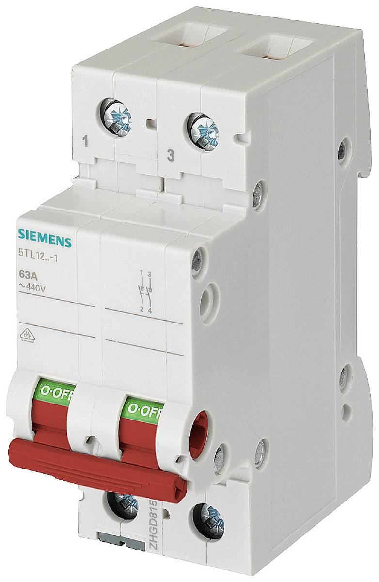 Ein weißer Siemens-Sicherungsautomat mit zwei Schaltern und der Aufschrift '63A ~440V'. Verwendet zur elektrischen Schaltungssicherung.