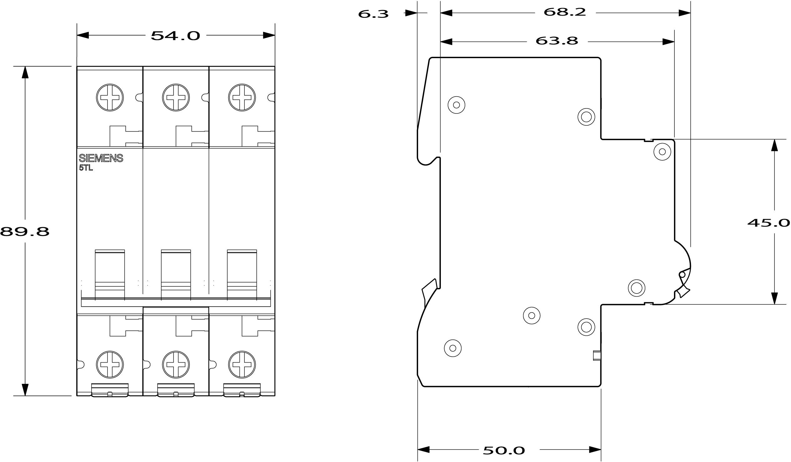 Technische Zeichnung eines dreipoligen Schutzschalters mit Abmessungen: Breite 54 mm, Tiefe 63,8 mm, Höhe 89,8 mm.