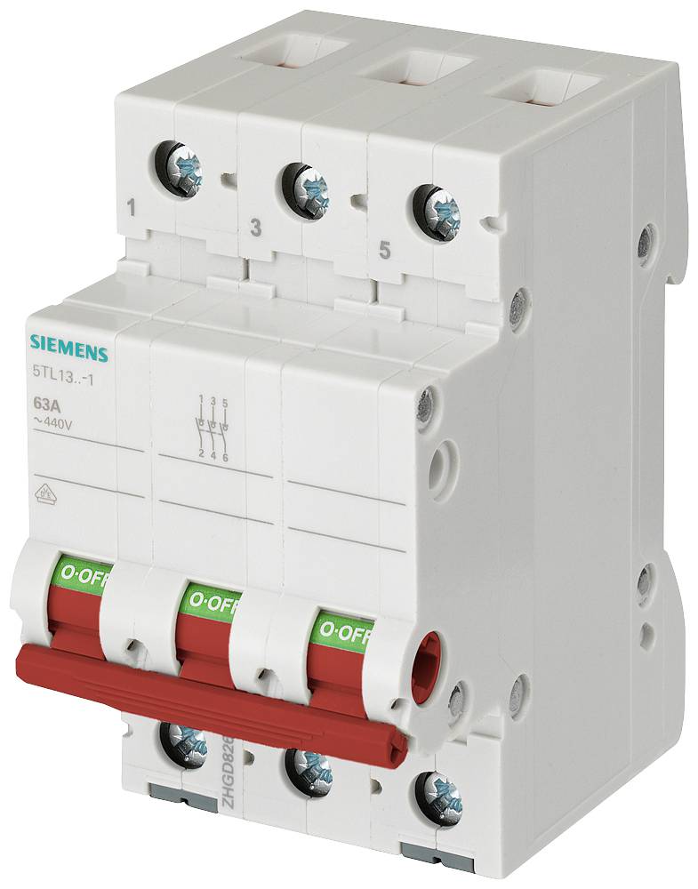 Dreiphasen-Leistungsschalter von Siemens mit Kippschaltern und Beschriftungen, geeignet für bis zu 63A und 400V.