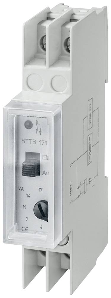 Ein weißes elektrisches Messgerät in länglicher Form mit Schalter und Skala. Zeichen auf der Seite zeigen einen Schaltungsplan.
