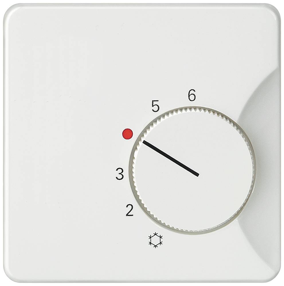 Ein weißes Thermostat mit einem Drehregler, der auf Stufe 4 eingestellt ist. Ein rotes Licht zeigt den aktuellen Betriebszustand an.