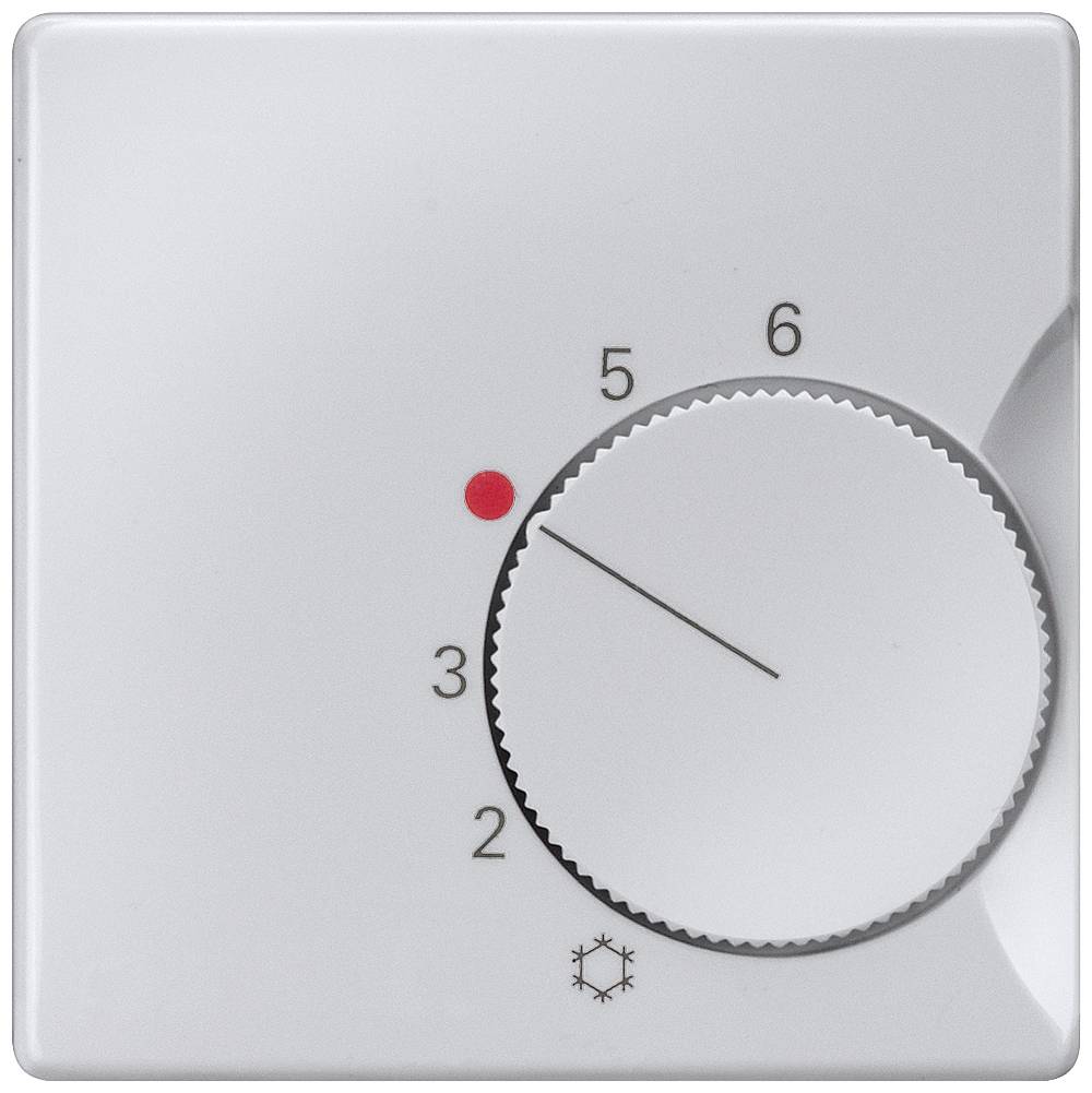 Ein weißes Thermostat mit Skala von 1 bis 6 und einem roten Punkt bei 3; Symbol für Kühlen unten.