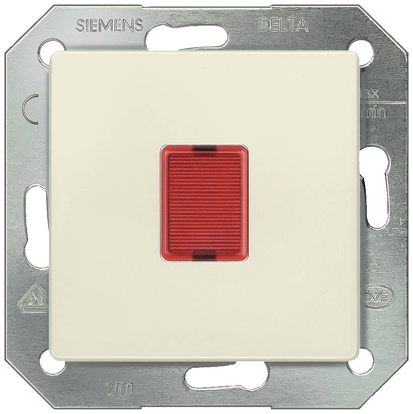 Ein weißer Lichtschalter mit roter Wippe, umgeben von einer Metallhalterung, gekennzeichnet mit 'SIEMENS DELTA'.