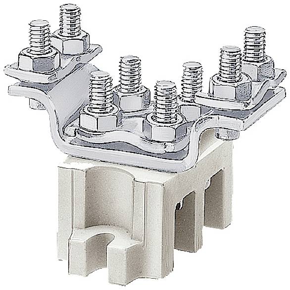 Metallischer Kabelverbinder mit mehreren Schrauben und einem isolierenden Kunststoffsockel, zur elektrischen Verbindung von Kabeln.