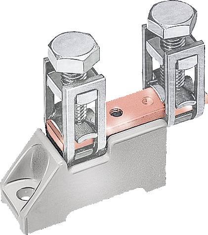 Metallische Klemme mit zwei Schrauben für elektrische Verbindungen, seitliche Befestigungsmöglichkeit sichtbar.