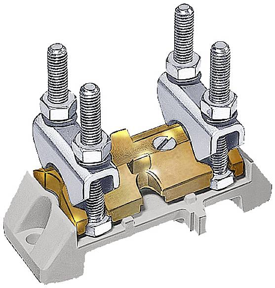 Ein elektrischer Klemmblock mit vier Schrauben und einer metallischen Verbindung, montiert auf einer Kunststoffbasis.