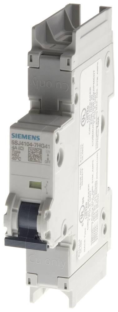 Ein einpoliger Siemens-Leitungsschutzschalter mit Industrieaufdruck, geeignet für 120/240 V-Anwendungen, in seitlicher Ansicht.