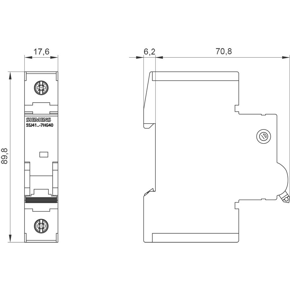 Technische Zeichnung eines elektrischen Bauteils mit genauen Maßen: Höhe 89,8 mm, Breite 17,6 mm, Tiefe 70,8 mm. Ansichten von vorne und seitlich.