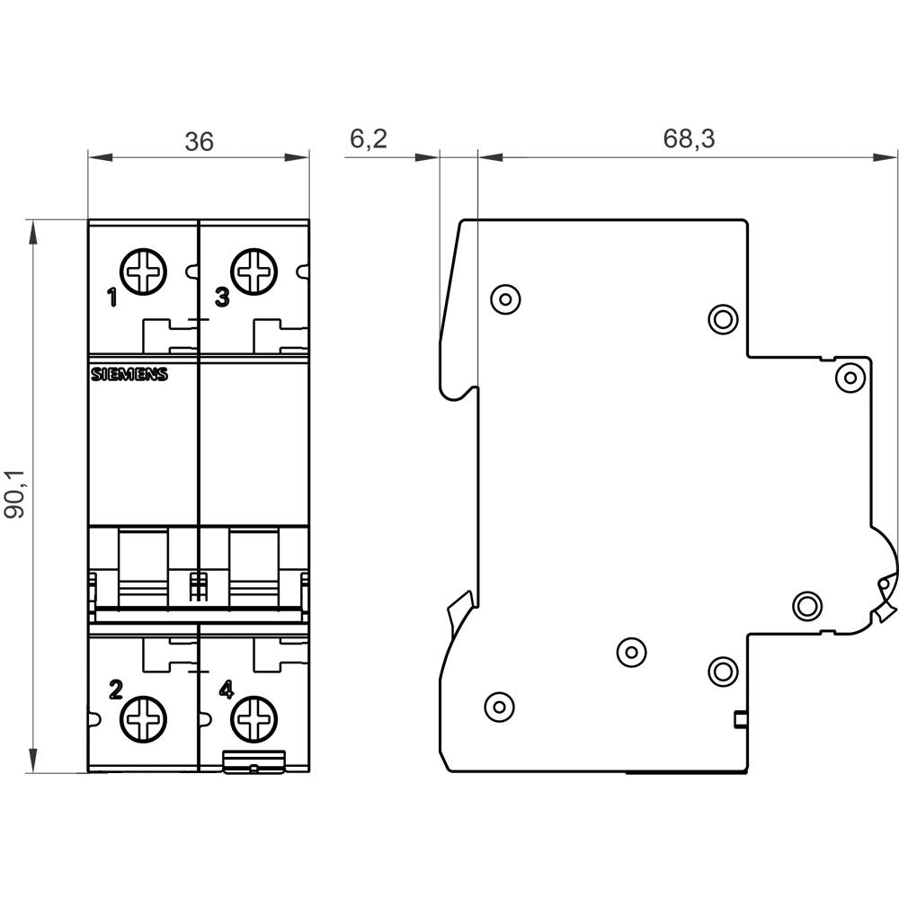 Schaltplan eines elektrischen Geräts mit Abmessungen: 90,1 mm x 36 mm x 68,3 mm. Vorder- und Seitenansicht.