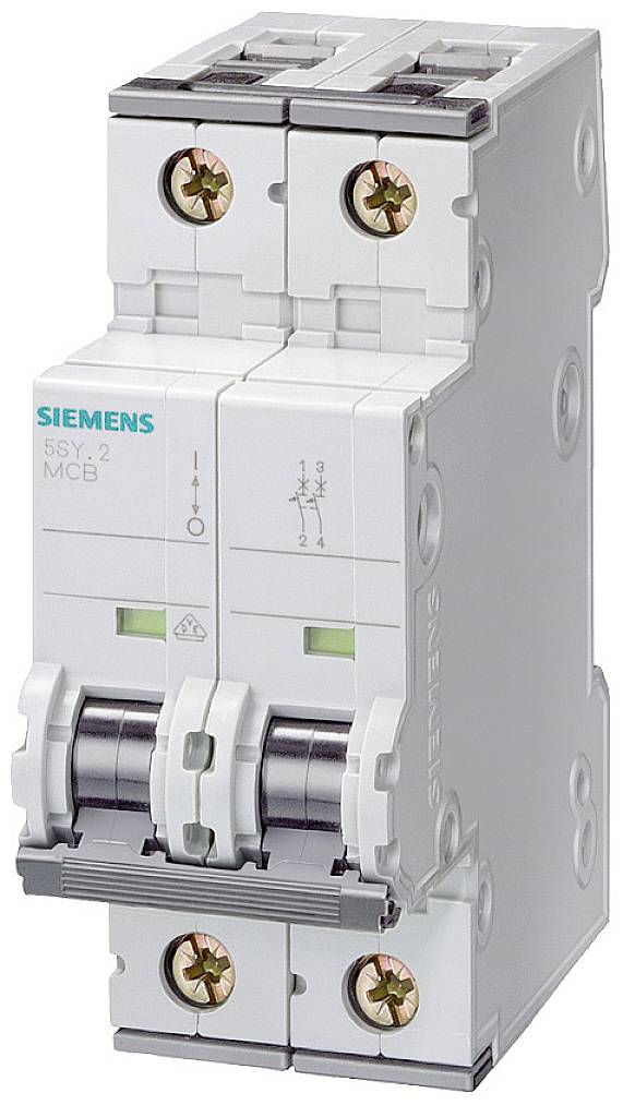 Zweipoliger Leitungsschutzschalter von Siemens, Typ 5SY42 MCB, mit zwei Schaltknöpfen und grünen Kontrollfenstern.