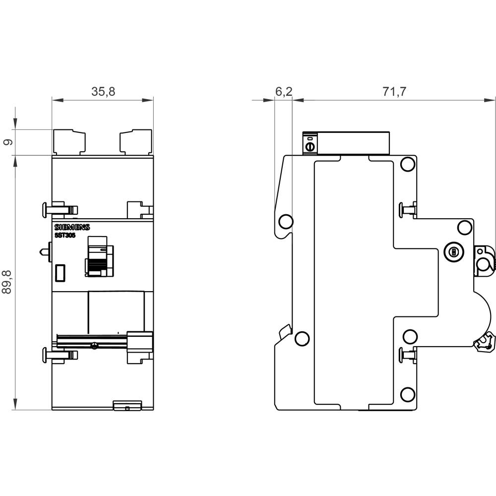 Abbildung eines technischen Diagramms eines elektrischen Geräts mit Abmessungen. Zeigt Vorder- und Seitenansicht mit Maßangaben in Millimetern.