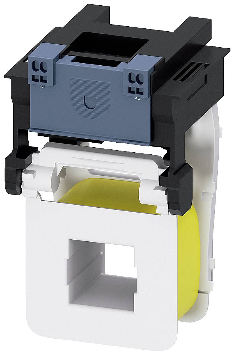Industrielles Relais mit gelbem Gehäuse und schwarzer Halterung, wahrscheinlich für elektrische Schaltungen in technischen Anwendungen.