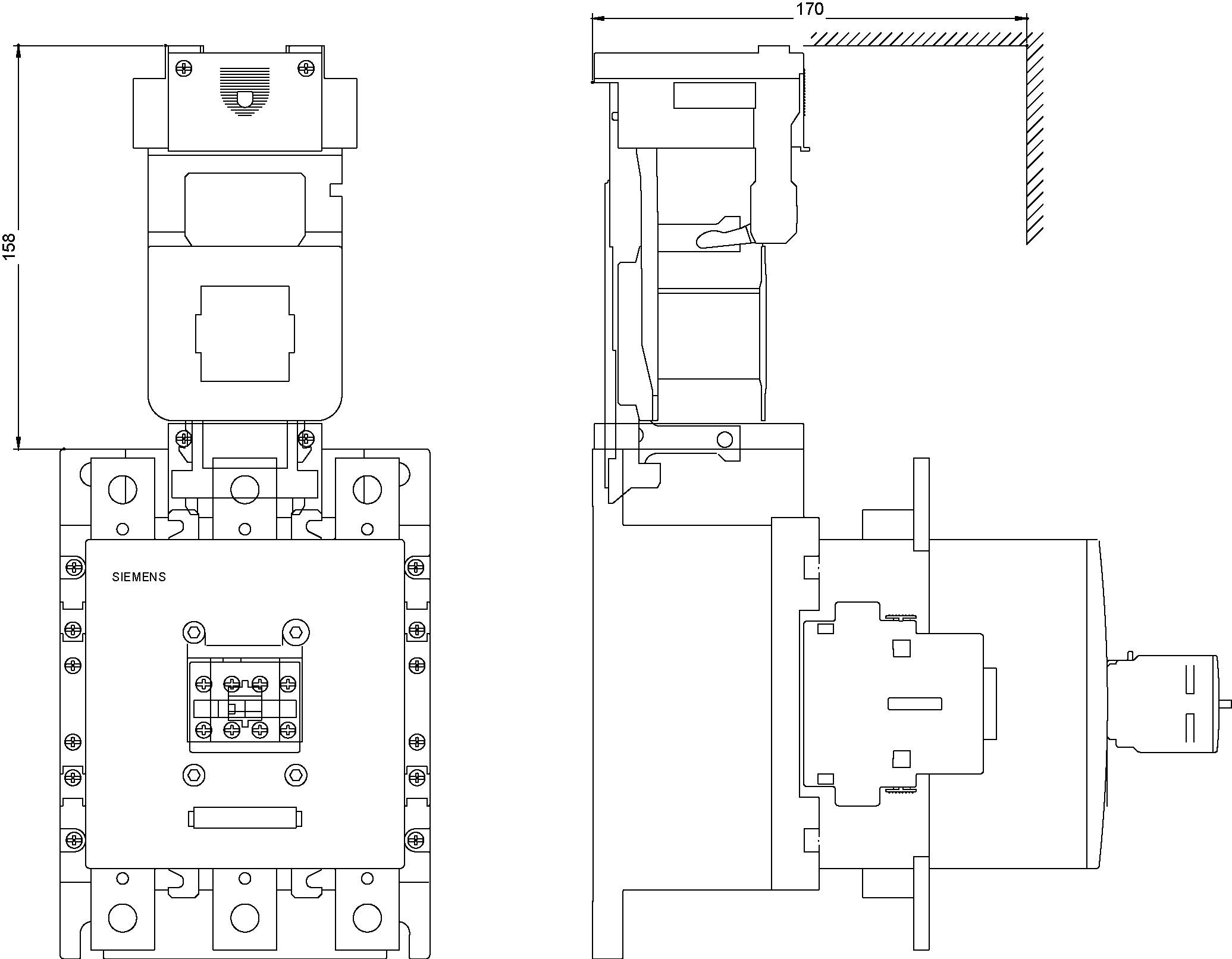 Technische Zeichnung eines Siemens-Schützgeräts mit Front- und Seitenansicht, Maße 170 x 150 mm.