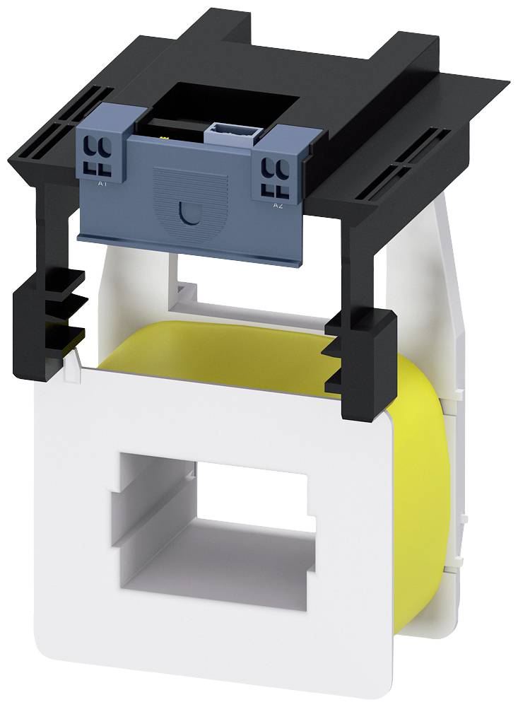 Ein elektrischer Stromwandler in Schwarz, Weiß und Gelb, mit rechteckiger Öffnung, wird gezeigt. Hauptkomponenten sind deutlich sichtbar.
