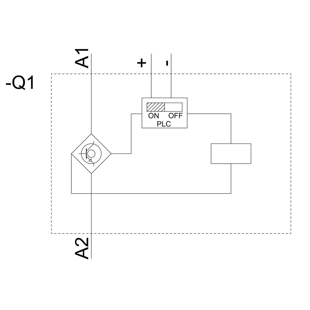 Schaltplan mit Ein/Aus-Schalter für PLC, verbunden mit einer Spannungsquelle (+/-) und einer Lampe (-Q1) zwischen A1 und A2.