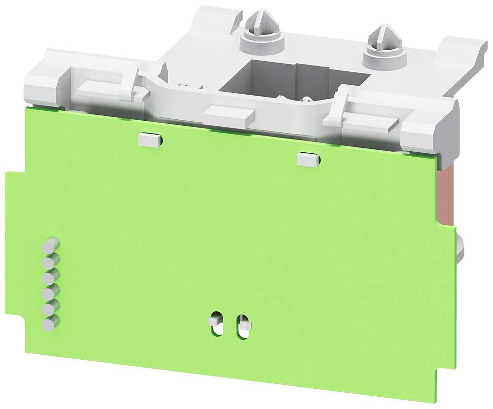 Grünes elektrisches Bauteil mit Metallklemmen und Schrauben, wahrscheinlich zum Einsatz in einem Schaltschrank oder einer Schaltung.