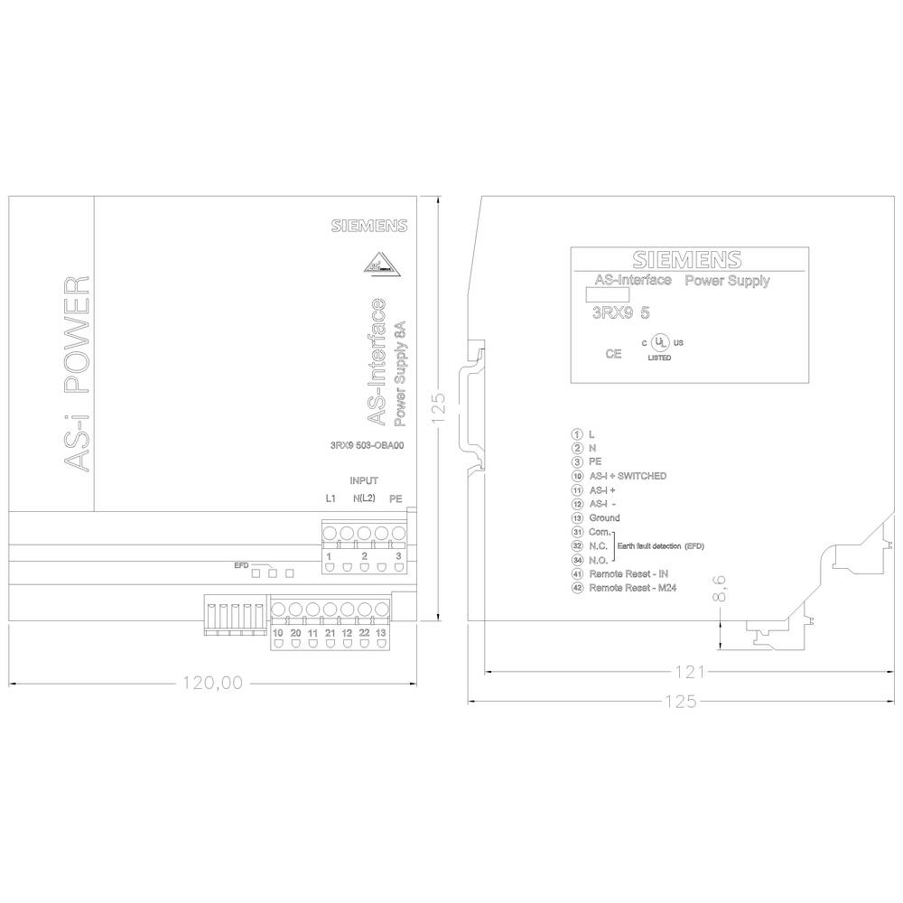 Technische Zeichnung eines Siemens AS-i Interface-Stromversorgungseinheit. Zeigt Maße, Anschlüsse und technischen Spezifikationen.