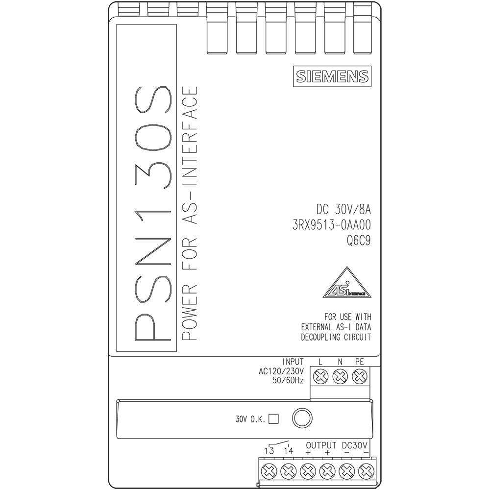 'Siemens PSN130S', ein Netzteil für AS-Interface, Modellnummer '3RX9513-0AA00', mit Leistungsdetails 'AC 120/230V, 50/60Hz, 30V DC/8A'. Aufgedruckte Symbole unten zeigen Anschlüsse.