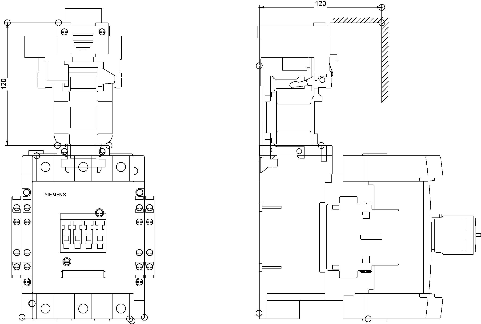 Technische Zeichnung eines Siemens-Schützgeräts, zeigt Vorder- und Seitenansicht mit Abmessungen von 120 x 120 mm.